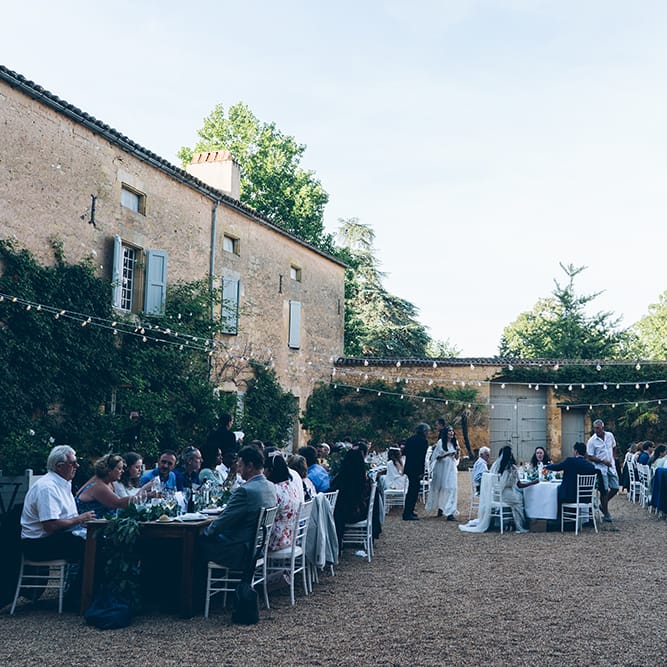 French Chateau Wedding At Château de la Bourlie With Bride In Vintage Gown & Bridesmaids In White Dresses By Silken Studio With Images From Lelia Scarfiotti