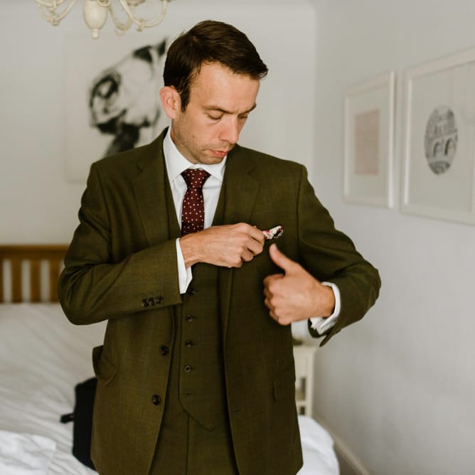 Groom in Tweed Hugo Morris Suit | Outdoor Ceremony & Rustic Barn Reception at Pennard House Somerset | John Barwood Photography