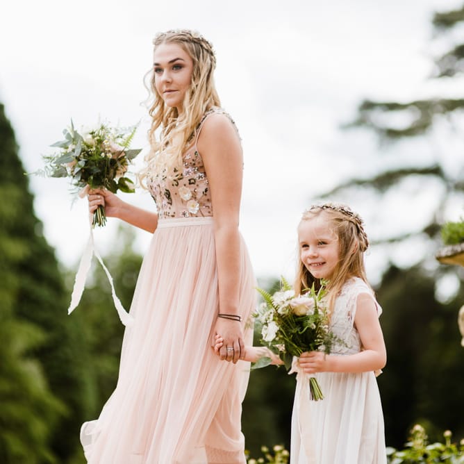 Bridesmaid in Blue needle & Thread Dress & Flower Girl in Monsoon | Outdoor Ceremony & Rustic Barn Reception at Pennard House Somerset | John Barwood Photography