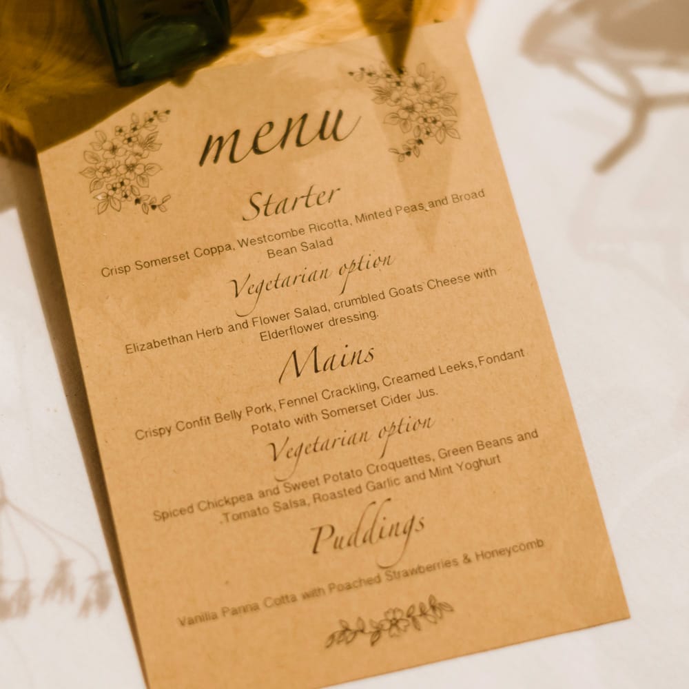 Craft Paper Menu Card | Outdoor Ceremony & Rustic Barn Reception at Pennard House Somerset | John Barwood Photography