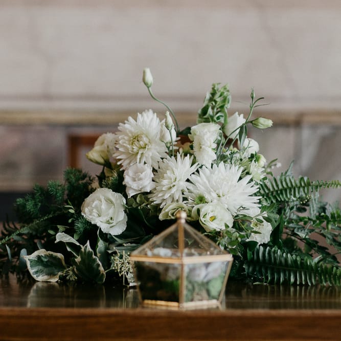 White & Greenery Flowers with Copper Terrarium Ring Box | That Day Wedding Planner | Carla Penoncelli Photography