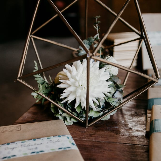 Copper Terrarium & White Flower Decor | That Day Wedding Planner | Carla Penoncelli Photography
