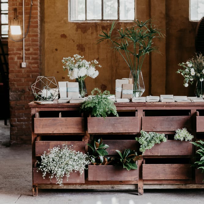 Rustic Chest with Book Favours, Greenery & Copper Terrarium Decor | That Day Wedding Planner | Carla Penoncelli Photography