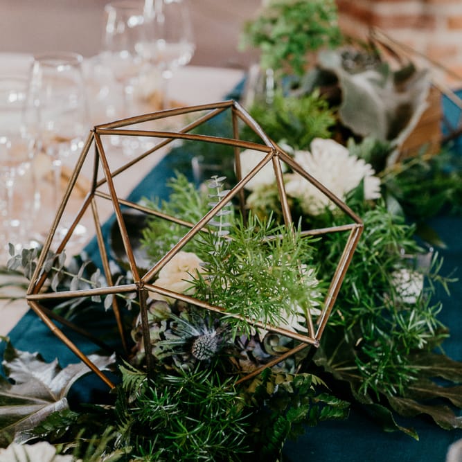 Copper Terrarium & White Flower & Greenery Decor | That Day Wedding Planner | Carla Penoncelli Photography
