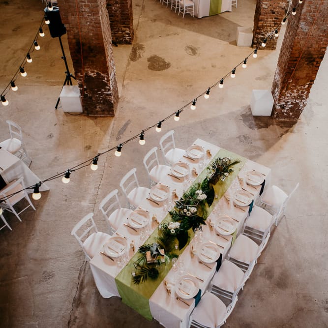Industrial Wedding Venue with Festoon Lights | That Day Wedding Planner | Carla Penoncelli Photography