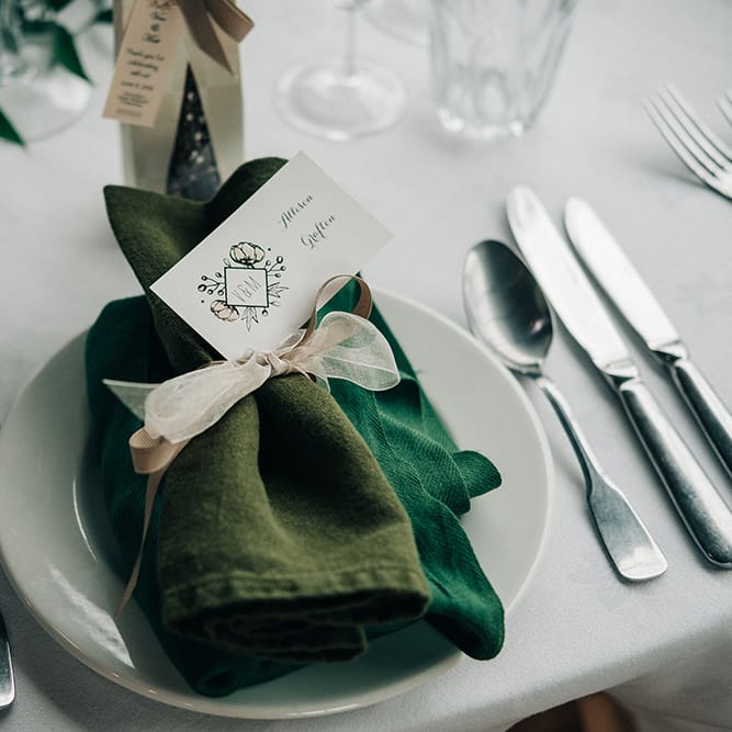 Green Napkins For Wedding Reception // Rue De Seine Bride For A Stone Barn Wedding With Wedding Party In Soft Pink And Navy And Images From Jason Mark Harris With Film By Harris Films