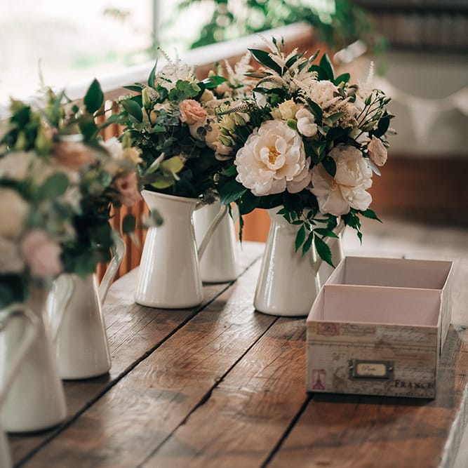 Bridesmaids Bouquets In Pinks And Whites // Rue De Seine Bride For A Stone Barn Wedding With Wedding Party In Soft Pink And Navy And Images From Jason Mark Harris With Film By Harris Films