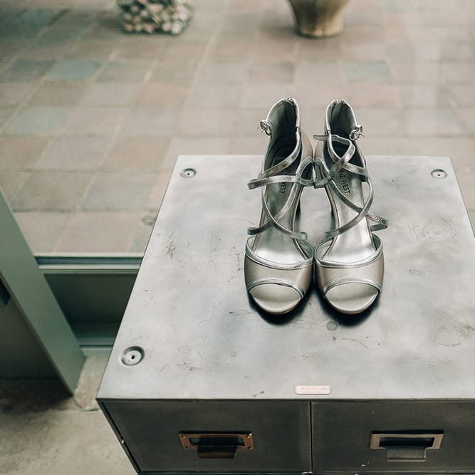 Metallic Wedding Shoes // Rue De Seine Bride For A Stone Barn Wedding With Wedding Party In Soft Pink And Navy And Images From Jason Mark Harris With Film By Harris Films