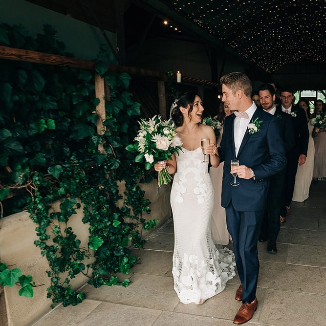 Rue De Seine Bride For A Stone Barn Wedding With Wedding Party In Soft Pink And Navy And Images From Jason Mark Harris With Film By Harris Films