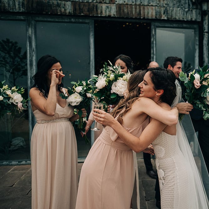 Rue De Seine Bride For A Stone Barn Wedding With Wedding Party In Soft Pink And Navy And Images From Jason Mark Harris With Film By Harris Films