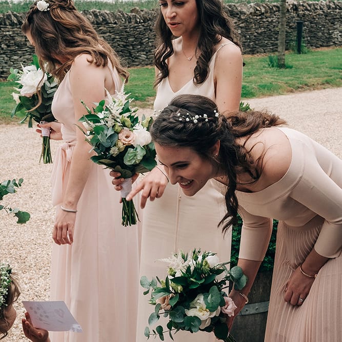 Bridesmaids In Pale Pink Dresses // Rue De Seine Bride For A Stone Barn Wedding With Wedding Party In Soft Pink And Navy And Images From Jason Mark Harris With Film By Harris Films