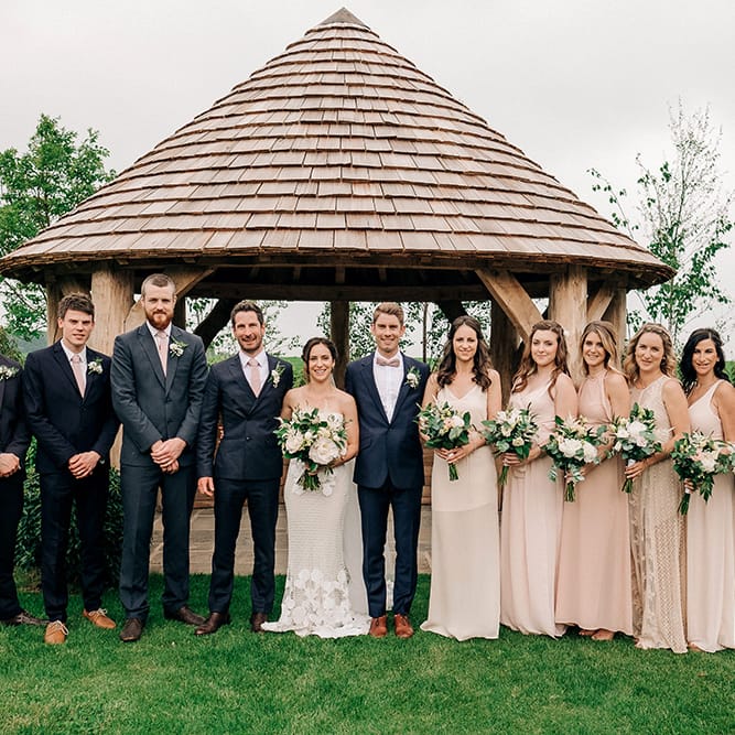 Bridesmaids In Pale Pink Dresses // Rue De Seine Bride For A Stone Barn Wedding With Wedding Party In Soft Pink And Navy And Images From Jason Mark Harris With Film By Harris Films