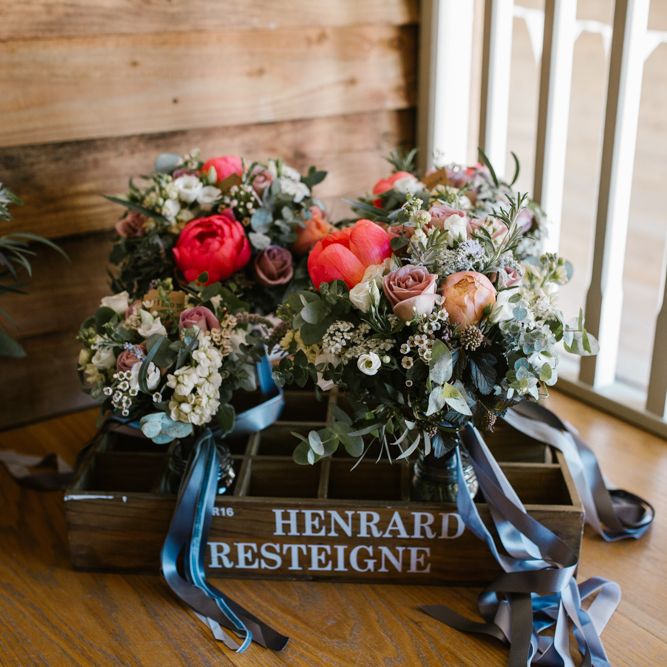 Peony, Rose & Foliage Wedding Bouquets with Ribbon | DIY Wedding at Upwaltham Barns with Bright Flowers | Danielle Victoria Photography