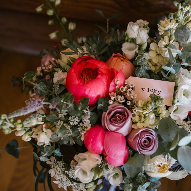 Peony, Rose & Foliage Wedding Bouquets with Ribbon | DIY Wedding at Upwaltham Barns with Bright Flowers | Danielle Victoria Photography