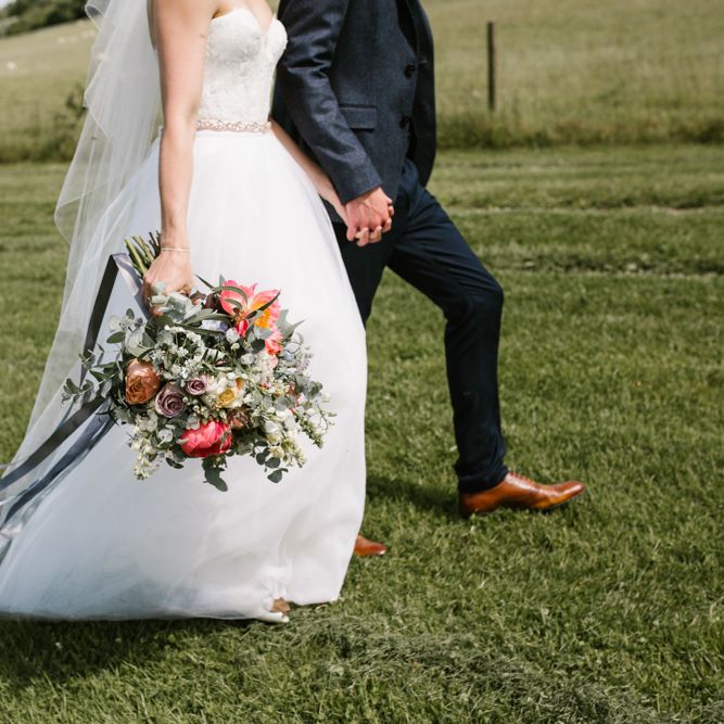 Coral Peony Bouquet | Bride in Sarah Seven Gown | Groom in Ted Baker & Next | DIY Wedding at Upwaltham Barns with Bright Flowers | Danielle Victoria Photography