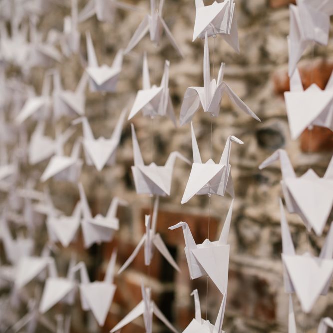 Origami Paper Crane Wedding Decor | DIY Wedding at Upwaltham Barns with Bright Flowers | Danielle Victoria Photography