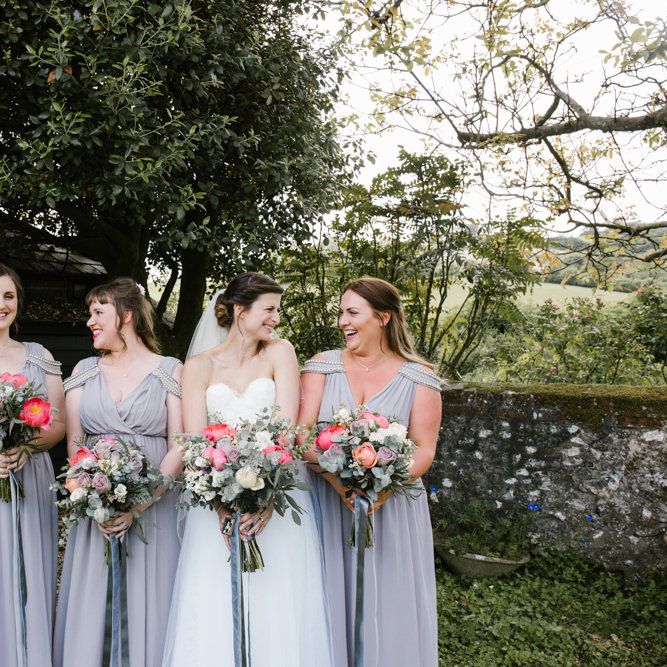 Bridesmaids in Grey ASOS Dresses | Bride in Sarah Seven Gown | DIY Wedding at Upwaltham Barns with Bright Flowers | Danielle Victoria Photography