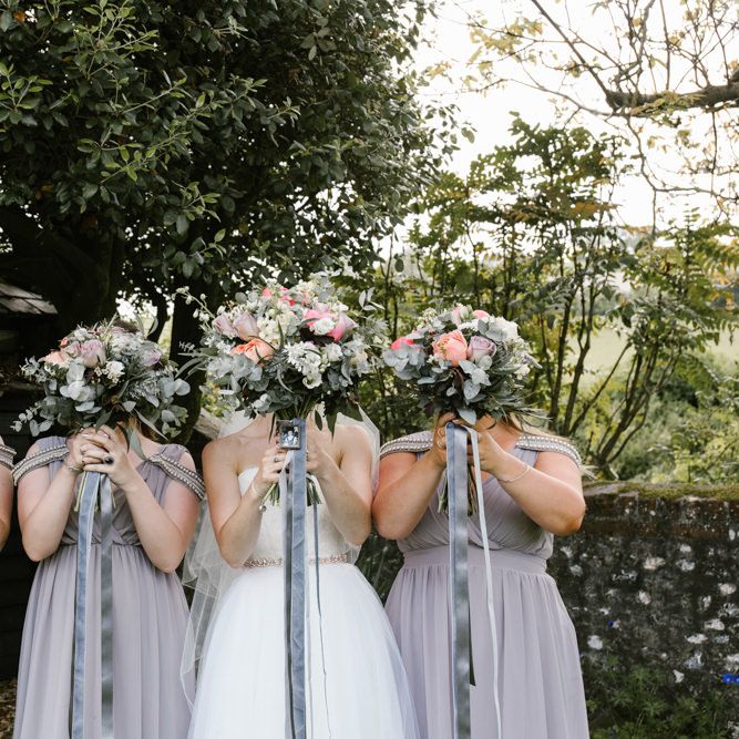 Pink Peony & Eucalyptus Bouquets with Ribbon | Bridesmaids in Grey ASOS Dresses | Bride in Sarah Seven Gown | DIY Wedding at Upwaltham Barns with Bright Flowers | Danielle Victoria Photography