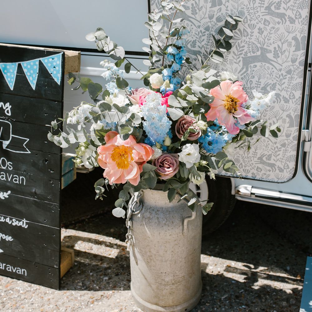 Wild Flower Milk Churn | DIY Wedding at Upwaltham Barns with Bright Flowers | Danielle Victoria Photography