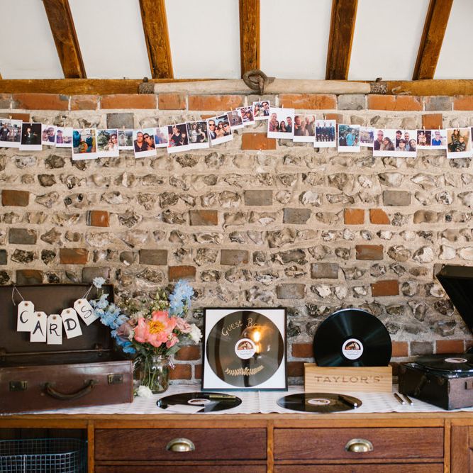 Record Guest book & Vintage Suitcase Card Box Wedding Decor | DIY Wedding at Upwaltham Barns with Bright Flowers | Danielle Victoria Photography