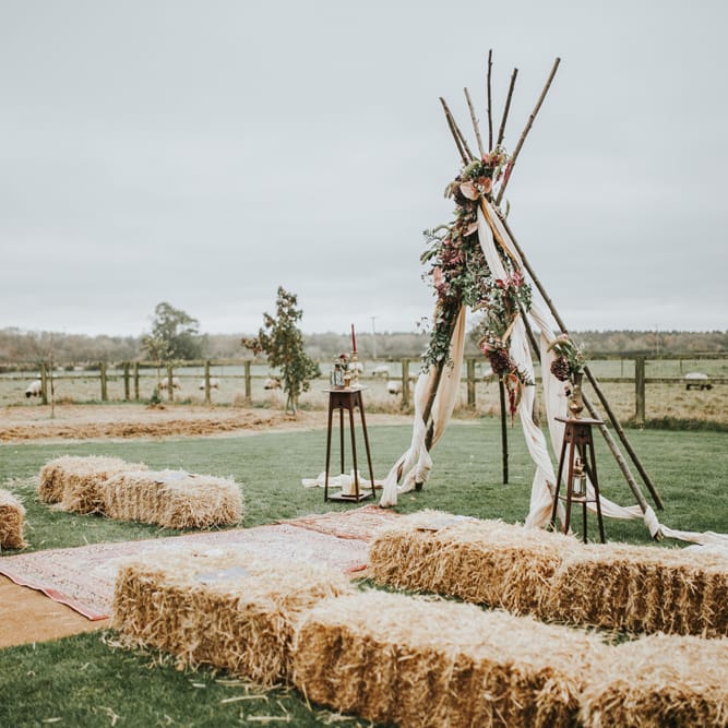 Naked Tipi Wedding Altar & Hay Bale Seating For Wedding Ceremony