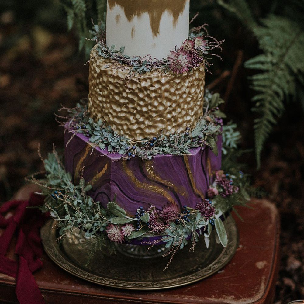 Honey Bee Bakes Purple & Gold Wedding Cake | Woodland Bohemian Luxe Inspiration | Lola Rose Photography & Film