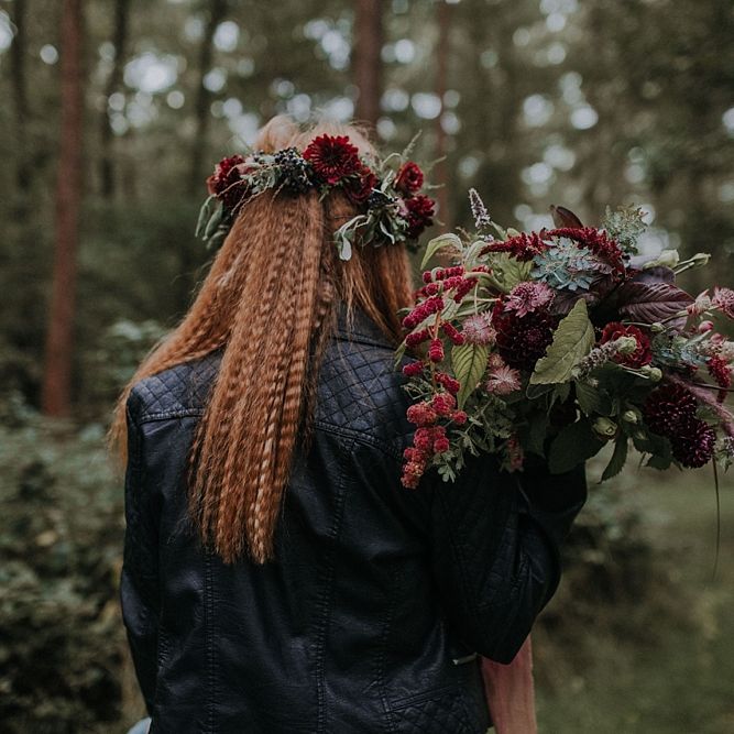 Bride in Leather Jacket, Crimped Hair & Flower Crown | Woodland Bohemian Luxe Inspiration | Lola Rose Photography & Film
