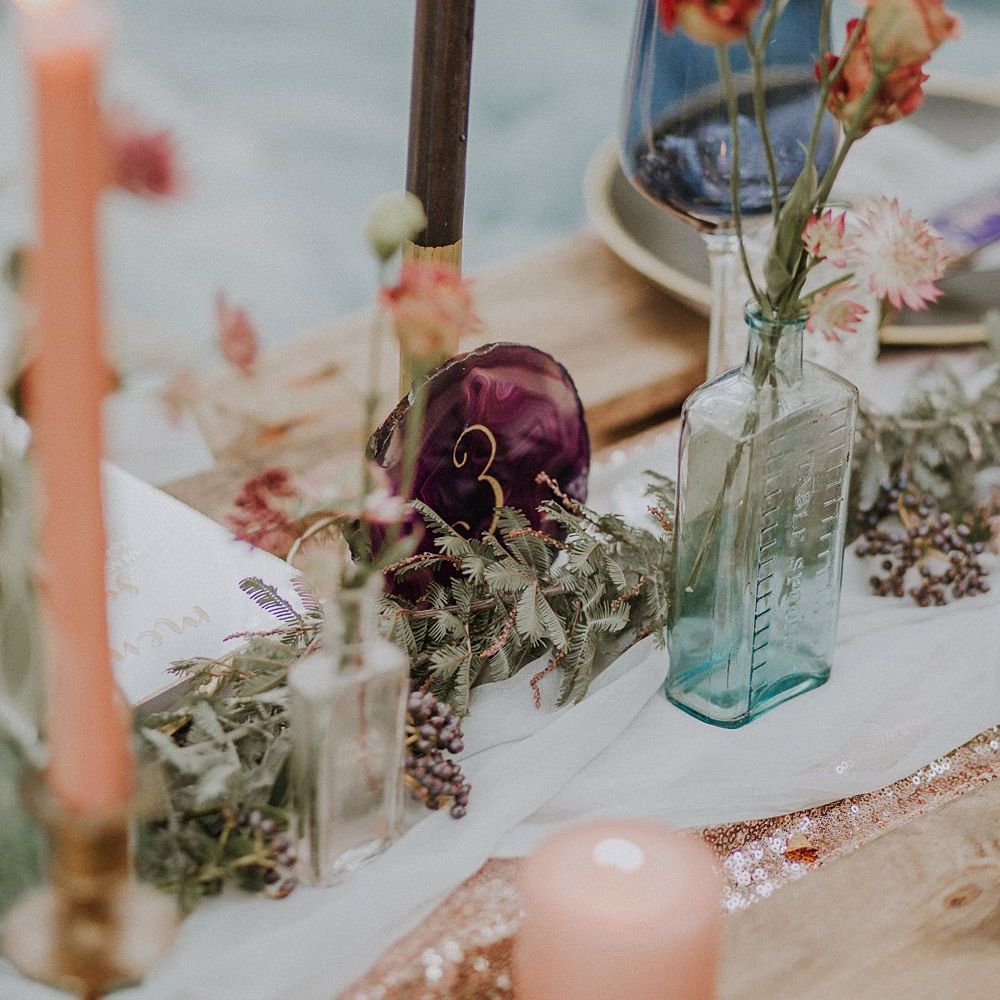 Candle Sticks & Flower Stems in Bottles Wedding Decor | Styling by The White Emporium | Woodland Bohemian Luxe Inspiration | Lola Rose Photography & Film
