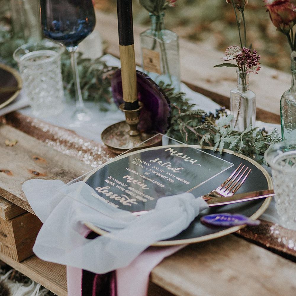 Place Setting with Perspex Wedding Stationery by Sugar Spice Designs | Woodland Bohemian Luxe Inspiration | Lola Rose Photography & Film