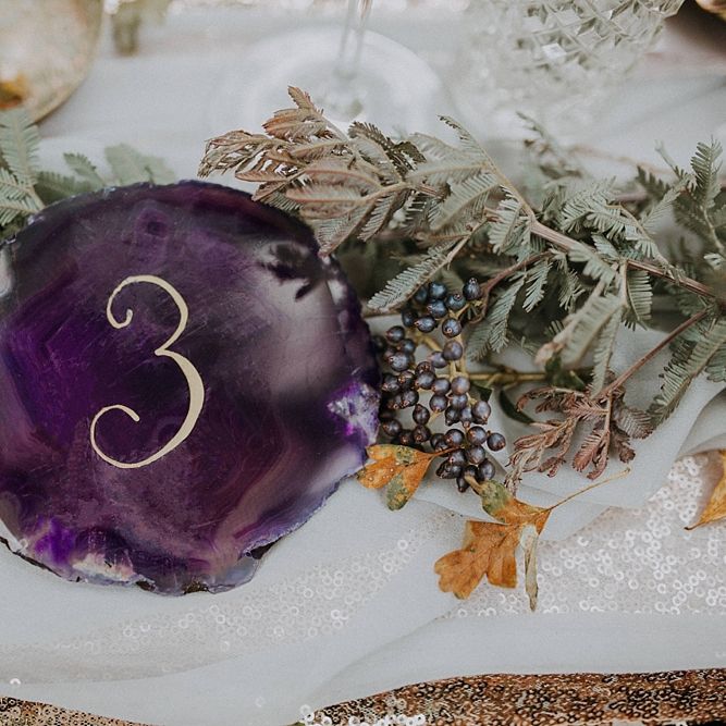 Purple Stone Table Number Wedding Decor | Woodland Bohemian Luxe Inspiration | Lola Rose Photography & Film