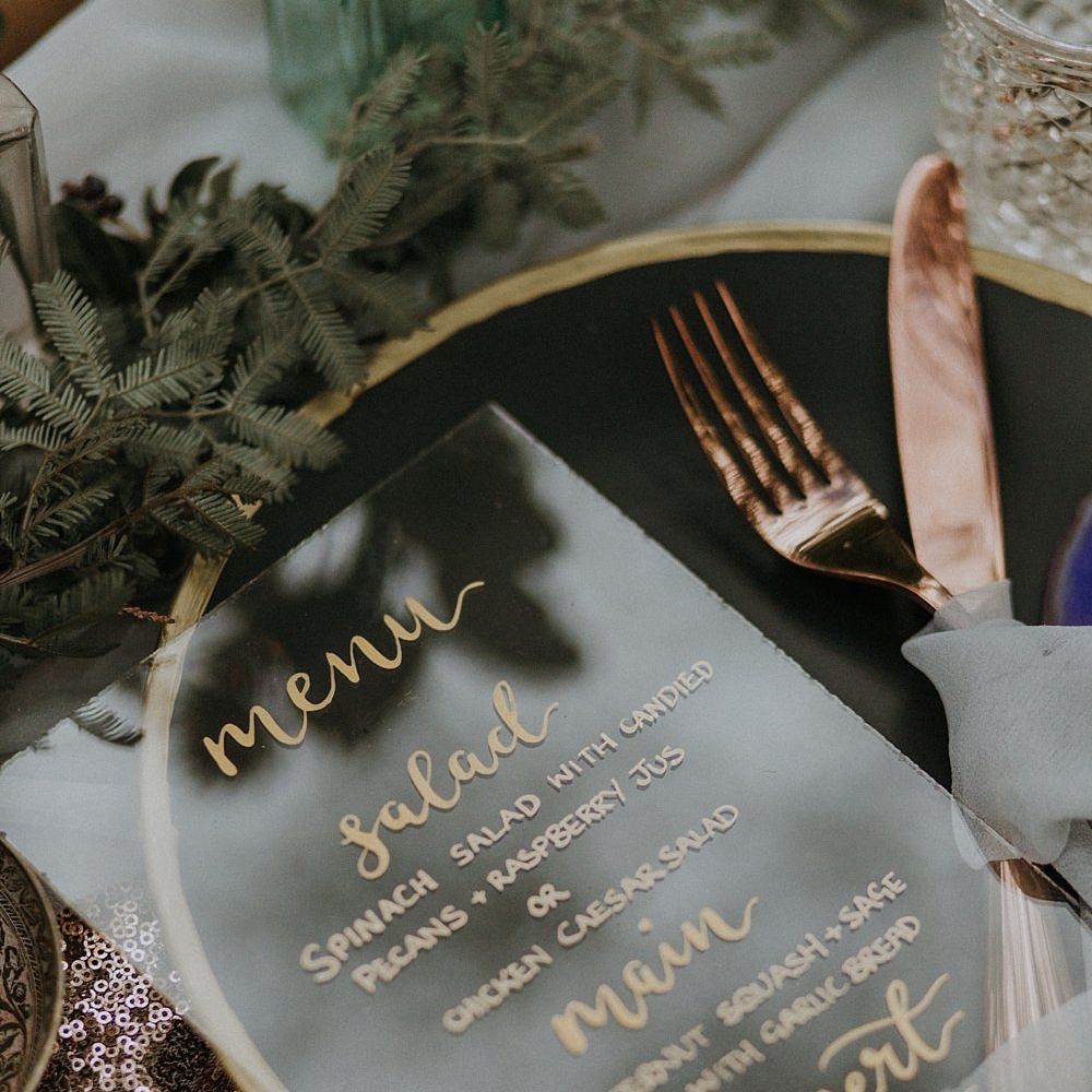 Place Setting with Perspex Wedding Stationery by Sugar Spice Designs | Woodland Bohemian Luxe Inspiration | Lola Rose Photography & Film
