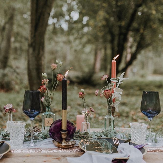 Tablescape with Candle Sticks & Flower stems in Bottles | Styling by The White Emporium | Woodland Bohemian Luxe Inspiration | Lola Rose Photography & Film