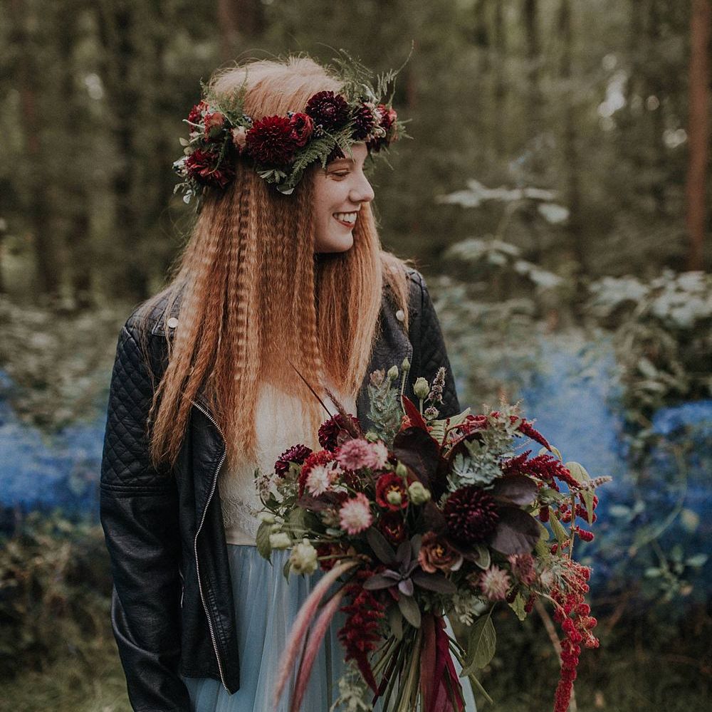 Bride in Leather Jacket, Crimped Hair & Flower Crown | Woodland Bohemian Luxe Inspiration | Lola Rose Photography & Film