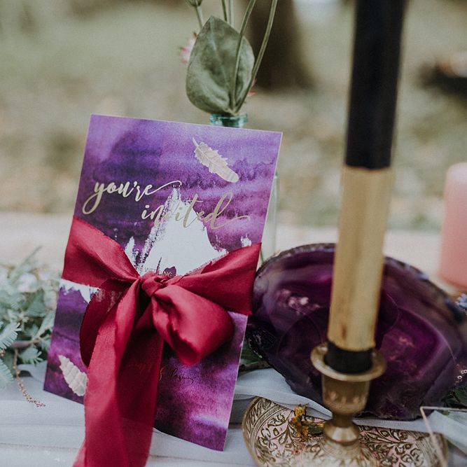 Purple & Gold Wedding Stationery by Sugar Spice Designs | Woodland Bohemian Luxe Inspiration | Lola Rose Photography & Film