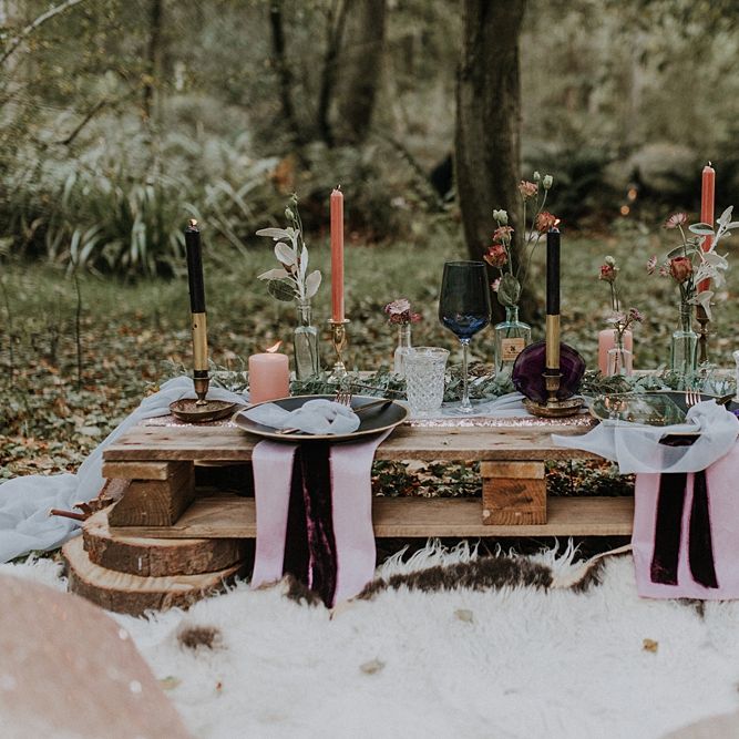 Tablescape with Candle Sticks & Flower stems in Bottles | Styling by The White Emporium | Woodland Bohemian Luxe Inspiration | Lola Rose Photography & Film
