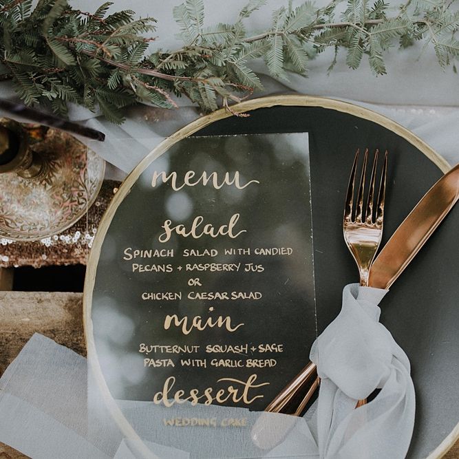 Place Setting with Perspex Wedding Stationery by Sugar Spice Designs | Woodland Bohemian Luxe Inspiration | Lola Rose Photography & Film