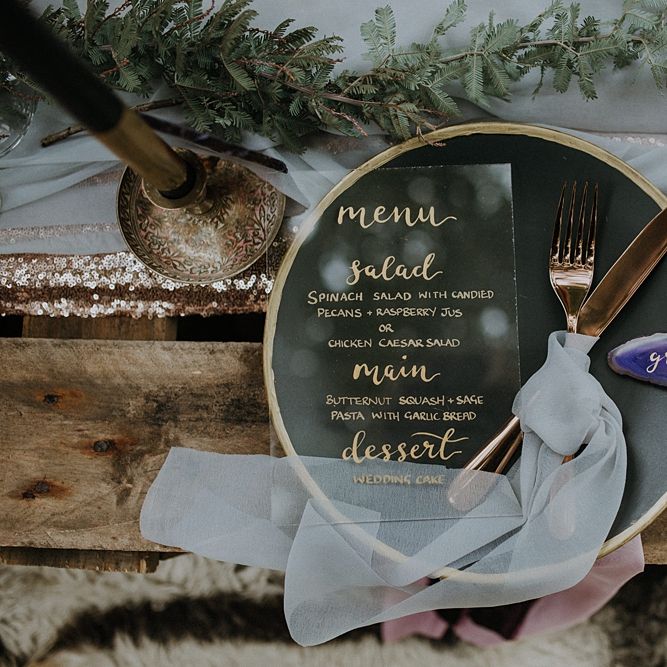 Place Setting with Perspex Wedding Stationery by Sugar Spice Designs | Woodland Bohemian Luxe Inspiration | Lola Rose Photography & Film