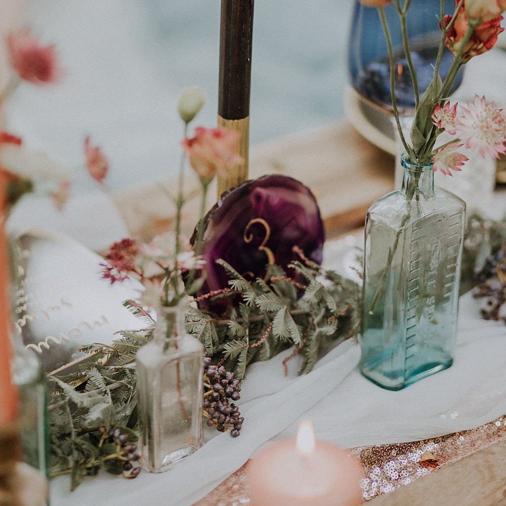 Candle Sticks & Flower Stems in Bottles Wedding Decor | Styling by The White Emporium | Woodland Bohemian Luxe Inspiration | Lola Rose Photography & Film
