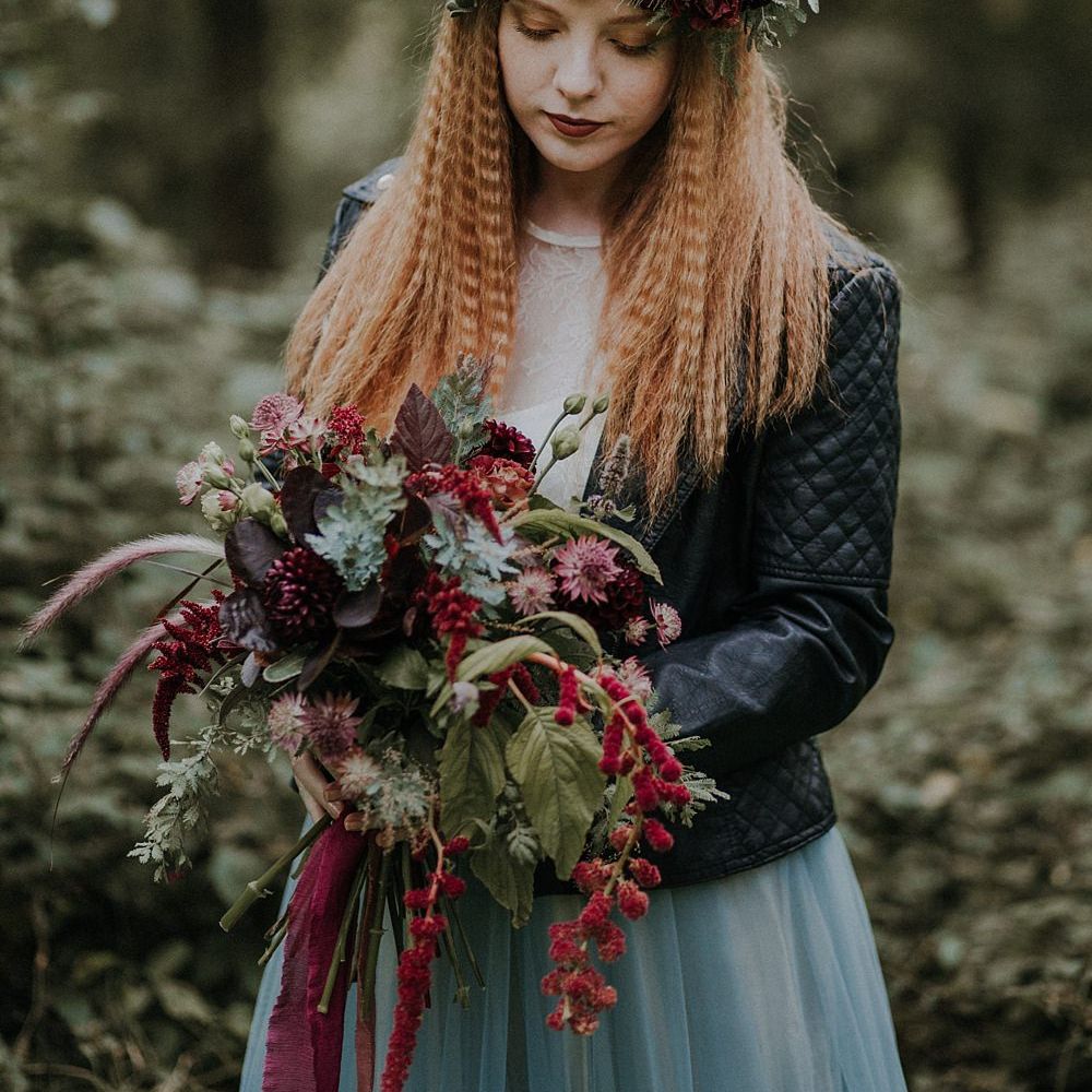 Bride in Leather Jacket, Crimped Hair & Flower Crown | Woodland Bohemian Luxe Inspiration | Lola Rose Photography & Film