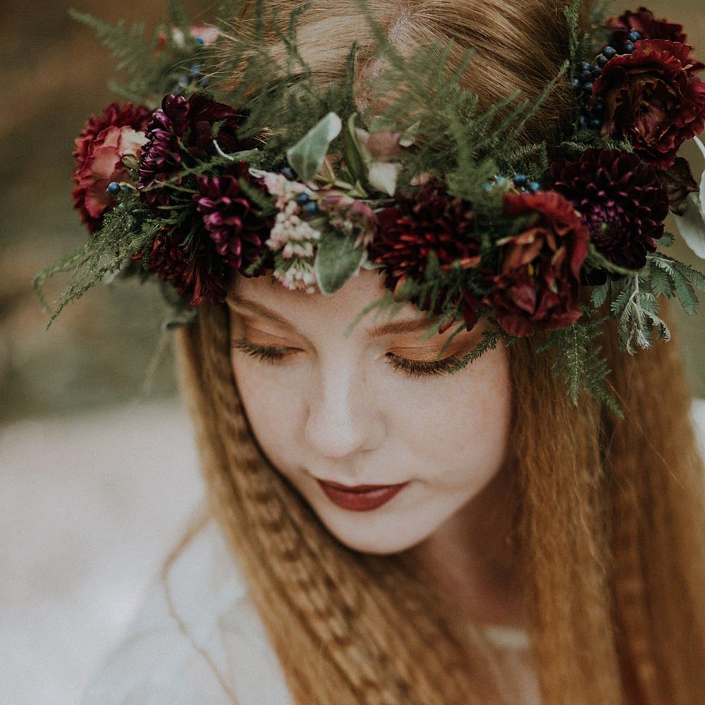 Bride with Crimped Hair & Flower Crown | Woodland Bohemian Luxe Inspiration | Lola Rose Photography & Film