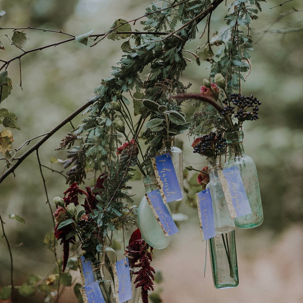 Hanging Bottles Table Plan | Woodland Bohemian Luxe Inspiration | Lola Rose Photography & Film