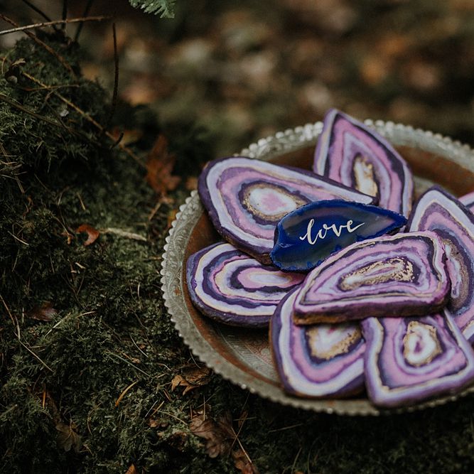 Purple Stone Wedding Decor | Woodland Bohemian Luxe Inspiration | Lola Rose Photography & Film