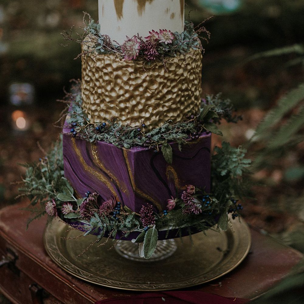 Honey Bee Bakes Purple & Gold Wedding Cake | Woodland Bohemian Luxe Inspiration | Lola Rose Photography & Film