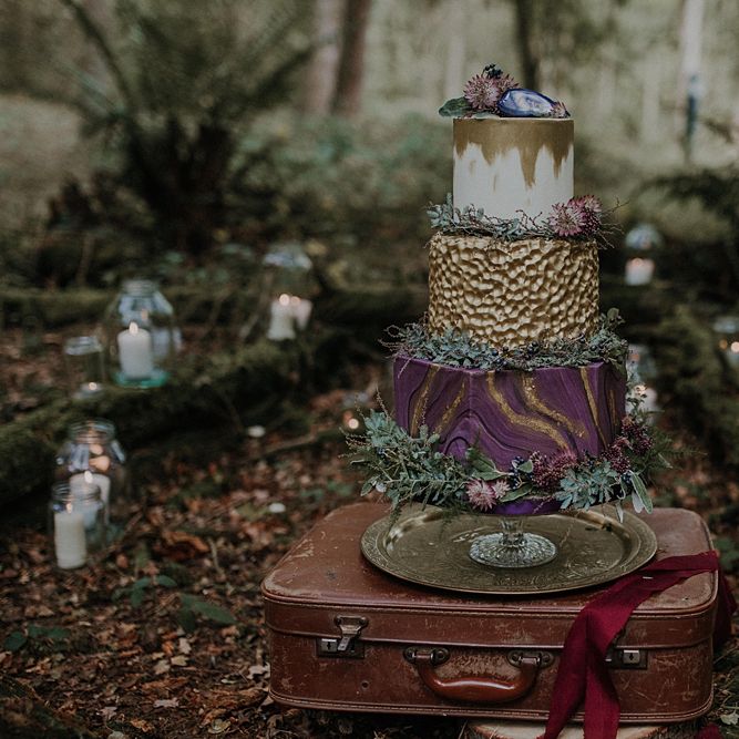 Honey Bee Bakes Purple & Gold Wedding Cake | Woodland Bohemian Luxe Inspiration | Lola Rose Photography & Film