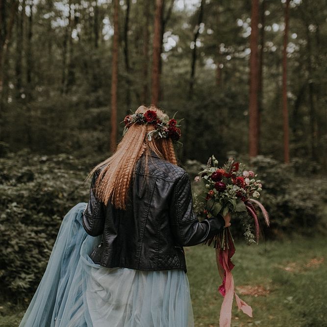 Bride in Leather Jacket, Crimped Hair & Flower Crown | Woodland Bohemian Luxe Inspiration | Lola Rose Photography & Film