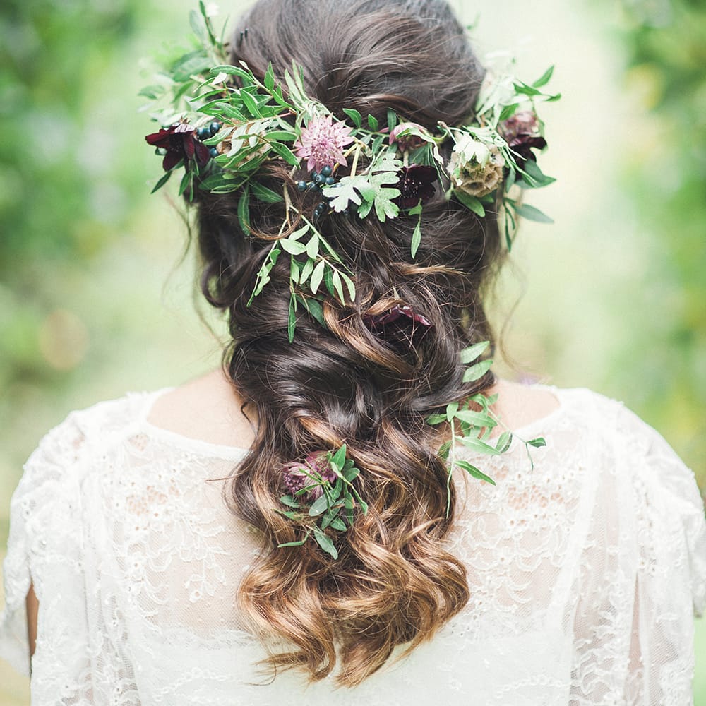 Fishtail Braid With Foliage & Fresh Flowers For Bride