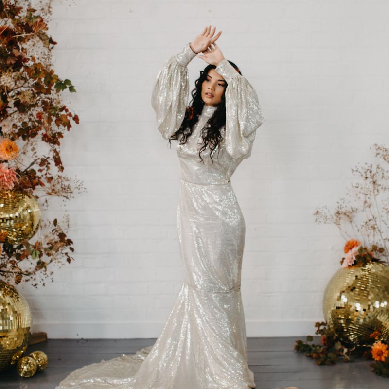 Bride in Silver sequin wedding dress for 70s Disco wedding inspiration