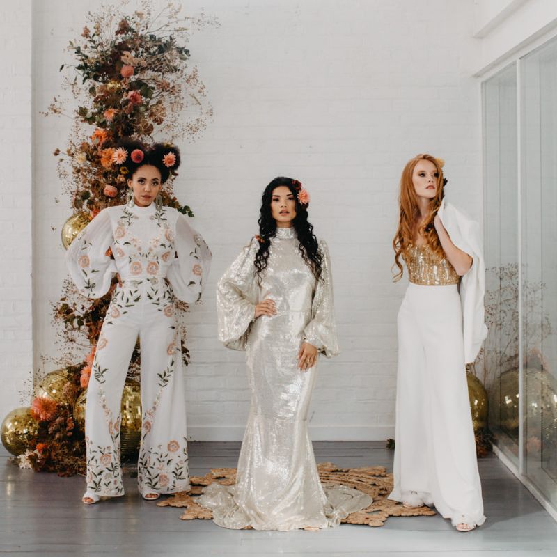 70s Disco wedding inspiration with brides in alternative wedding outfits