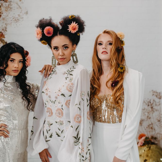 Stylish brides in sequin dress, embroidered jumpsuit and wedding trousers