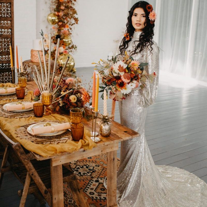Brown, rust, mustard and orange wedding decor for 70s Disco wedding theme
